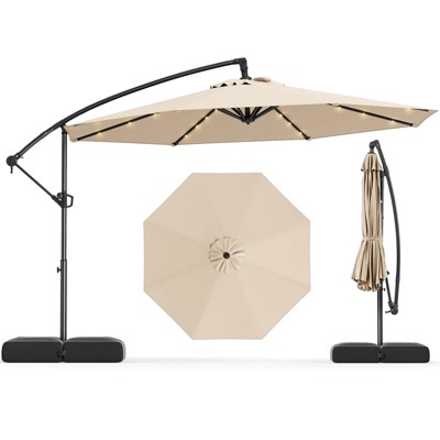 Costway 10 FT Solar Offset Hanging Umbrella Patio Cantilever Umbrella with 32 LED Lights Brown/Turquoise/Beige/Gray/Red