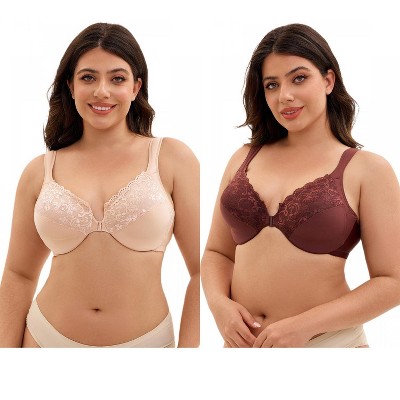 INSPIRE CHIC 2 Pcs Women's Front Closure Lace Trim Underwire Adjustable Straps Plunge Bras