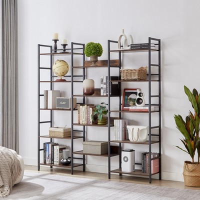 Lycvki Rustic Brown Industrial Wooden Wide 5-shelf Bookshelves