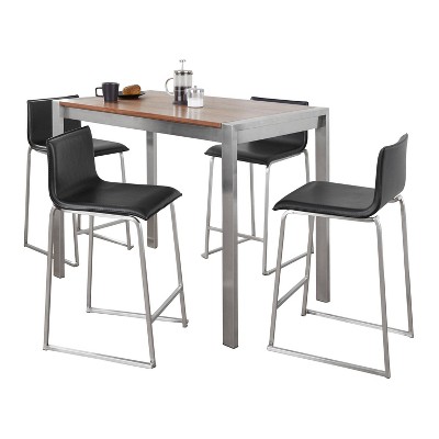 LumiSource 5pc Fuji Mara Counter Height Dining Set Stainless Steel Walnut