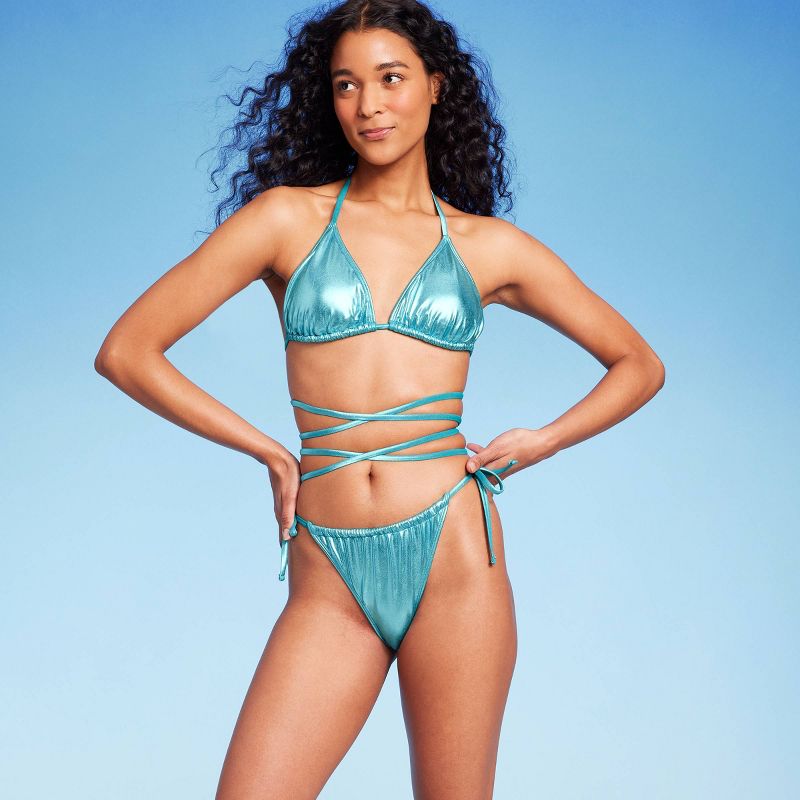 Women's Foil Strappy Extra High Leg Super Cheeky Bikini Bottom - Wild Fable™ Teal Blue, 4 of 27