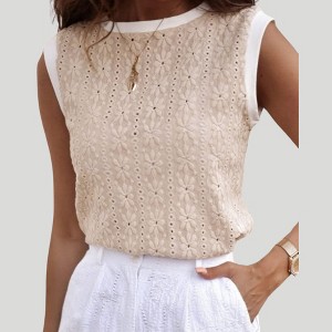 Amaryllis Women’s Sleeveless Embroidered Eyelet Top Contrast Trim Delicate Floral Design Lightweight Tank Top - 1 of 4