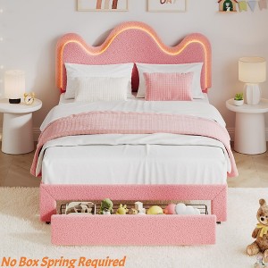 Twin/Full Boucle Bed Frame w/Flower Headboard Upholstered Princess Bed Frame for Kids/ Platform Bed Frame w/ Drawers&Lights - 1 of 4