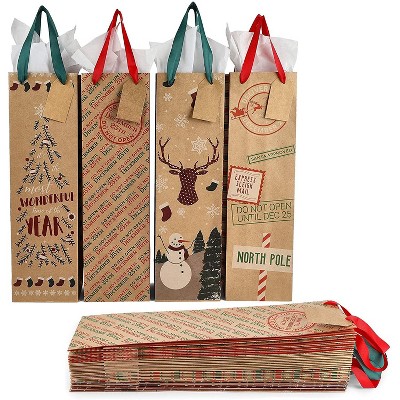 Sparkle and Bash 16-Pack Kraft Christmas Wine Bottle Gift Bags, 32 Tags (4.55 x 15.65 x 3.55 in)