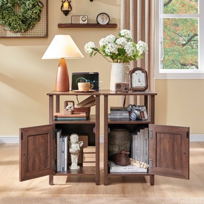 Rustic Brown Wood Nightstand Set with Charging Station