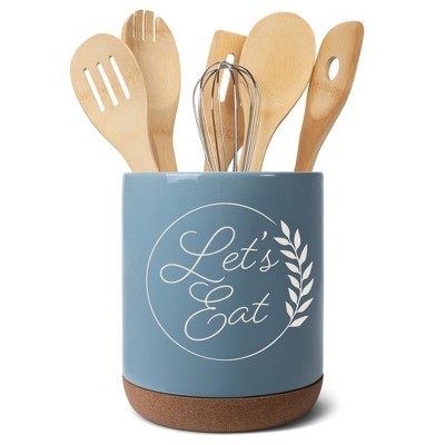 Elanze Designs Let's Eat Laurel Wheat Ceramic Cork Bottom Sky Blue Large Capacity Utensil Holder Crock for Countertop Storage, Stylish & Durable for