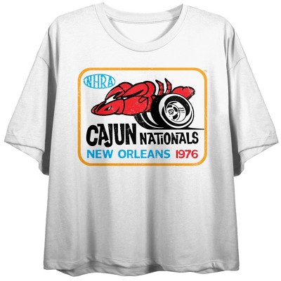 Juniors NHRA Crop Tee, Car, Fastest Vehicles, Vintage, SPEED FOR ALL, Lobster with Wheels, Cajun National New Orleans 1976 on White Crop