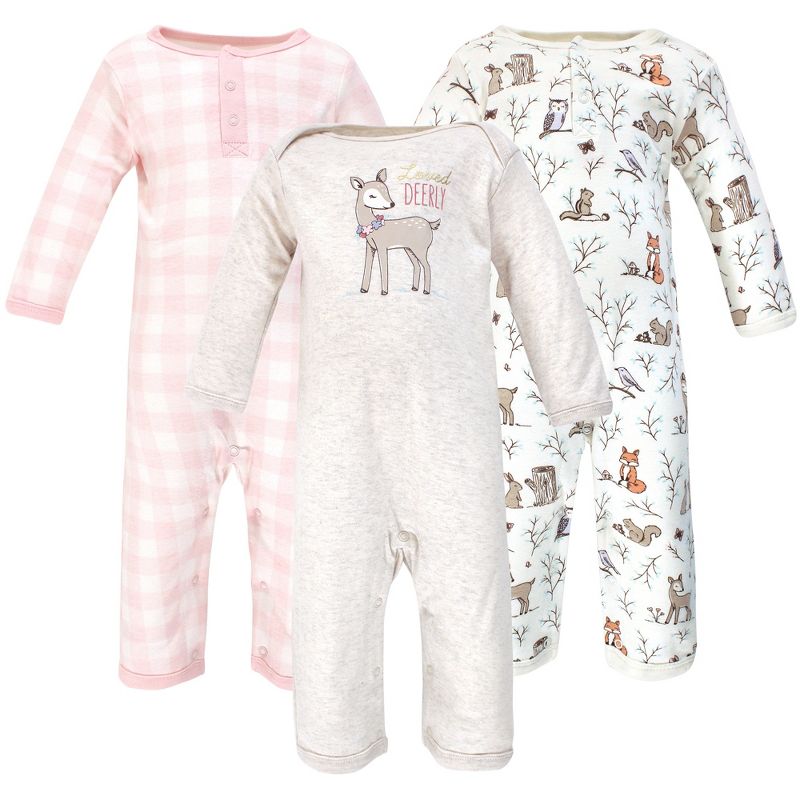 Hudson Baby Infant Girl Cotton Coveralls 3pk, Enchanted Forest, 1 of 3