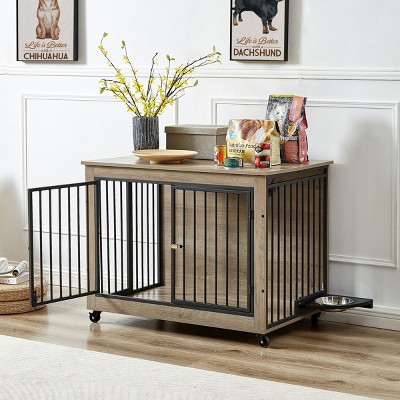 DOMETOUR Dog Crate for Small Medium Large Dogs, Flip-Up Top Opening Dog Crate Side Table With Rotatable Feeding Bowl, Wheels, Three Doors