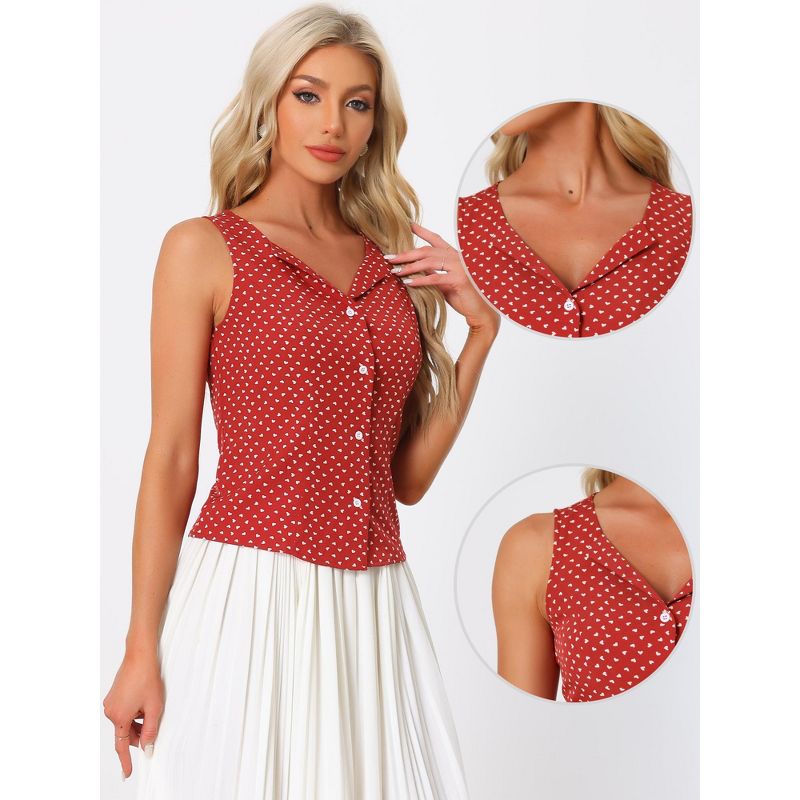 Allegra K Women's Heart Print V-neck Button Down Vintage Blouse Summer Sleeveless Shirt, 2 of 5