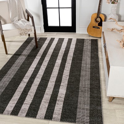 Black and Ivory Rectangular Synthetic Stripe Washable Area Rug