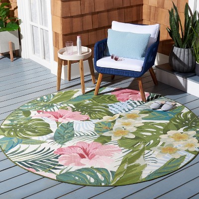 Tropical Floral Round Green and Pink Synthetic Area Rug