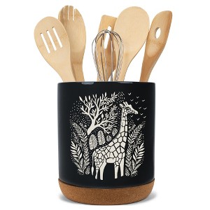 Elanze Designs Kitchen Utensil Holder With Non Slip Cork Base Large 8 Inch Ceramic Storage Crock Safari Animal Countertop Organizer Giraffe Black - 1 of 4