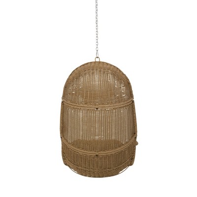 Light Brown and Beige Wicker Hanging Basket Chair with Cushions
