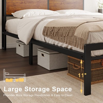 Full Size Rustic Metal Frame Bed with Lighted Headboard and Storage