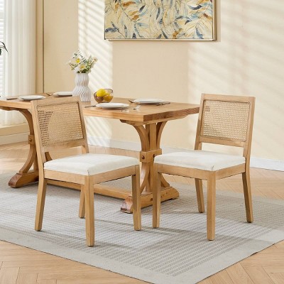 Modern Rattan Dining Chairs Set of 2,Farmhouse Linen Upholstered Dining Chairs with Cane Back,Armless Chairs for Kitchen-Coolbibila