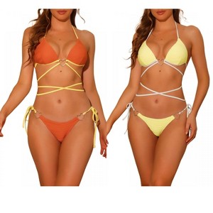 Elerevyo Women's Heart Ring Halter Contrast Color Lace Up Ribbed Swimwear Bathing Suits 2 Sets - 1 of 4