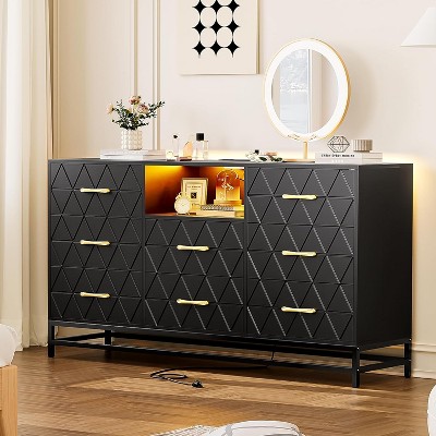59 Inch Modern White Dresser With 8 Drawers Built In Charging Station Led Lights Two Ac Outlets Two Usb Ports Open Shelf Anti Tip Safety For Bedroom