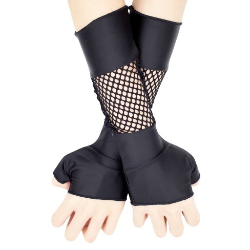 Ladies' Black Fingerless Fish Net Gloves with Ribbon Trim - OS Fits Most