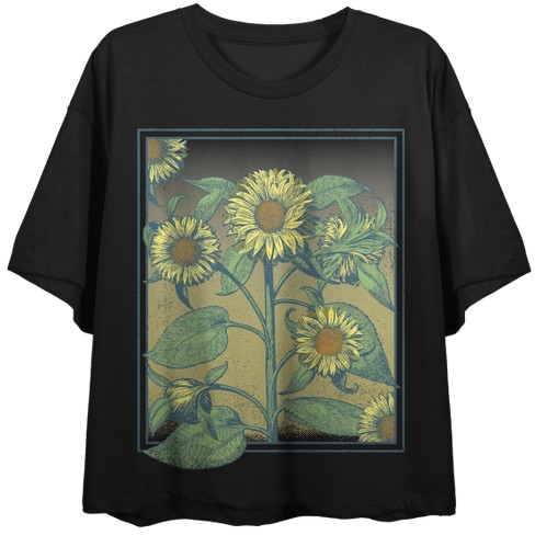 Sunflower Frame Crew Neck Short Sleeve Women's Black Crop T-shirt-Large