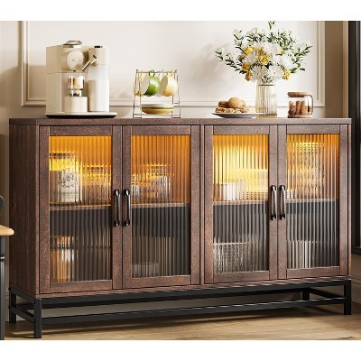 Sideboard Buffet Cabinet with Storage and 4 Fluted Glass Doors