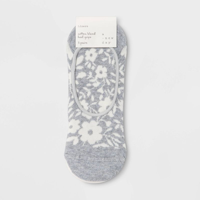 Women&#39;s Floral Print 3pk Liner Socks - A New Day&#8482; Heather Gray/Cream 4-10, 2 of 3