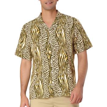 Lars Amadeus Men's Animal Leopard Printed Camp Collar Short Sleeves Button Down Summer Shirt