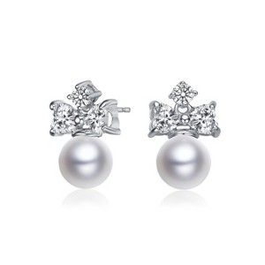 Guili Sterling Silver Rhodium Plated White Round Genuine Freshwater Pearl with Clear Heart and Round Cubic Zirconia Earrings, a Romantic Treasure - 1 of 3