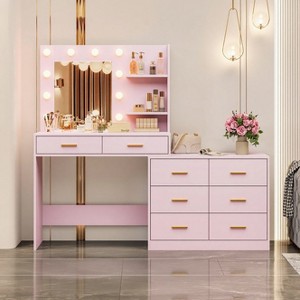 Jojoka 61" Makeup Vanity Desk with Mirror and Lights, Vanity Table with 8 Drawers & 2 Shelves, Adjustable LED Lighting - 1 of 4