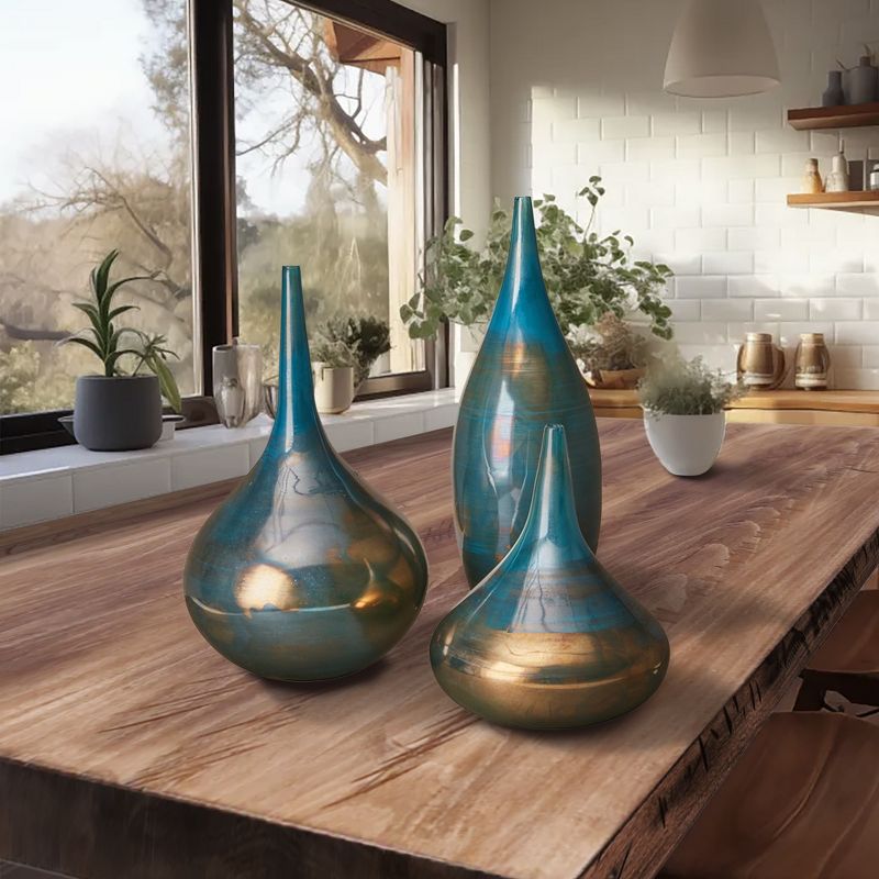LIVN CO. Elegant Blue & Bronze Vases Set of 3, 2 of 7