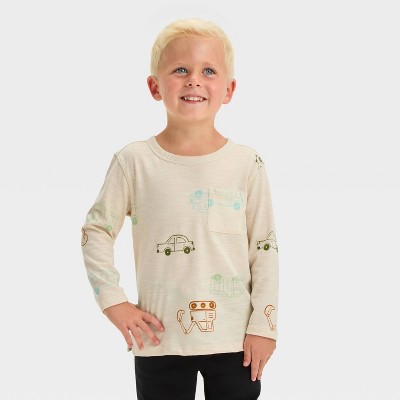 Image of Toddler Boys' Long Sleeve Vehicle Printed Boxy Fit T-Shirt - Cat & Jack™ Off-White 3T