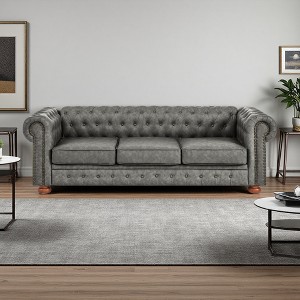 88.5" PU Chesterfield 3-Seater Sofa with Scrolled Arms - 1 of 4