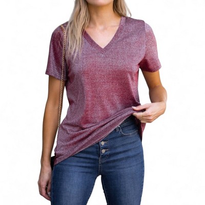 Amaryllis Women's Short-Sleeve Casual V-Neck Shimmer High Low Lightweight Tee Soft