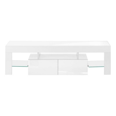Contemporary Glossy White 63" TV Stand with Tempered Glass Shelves