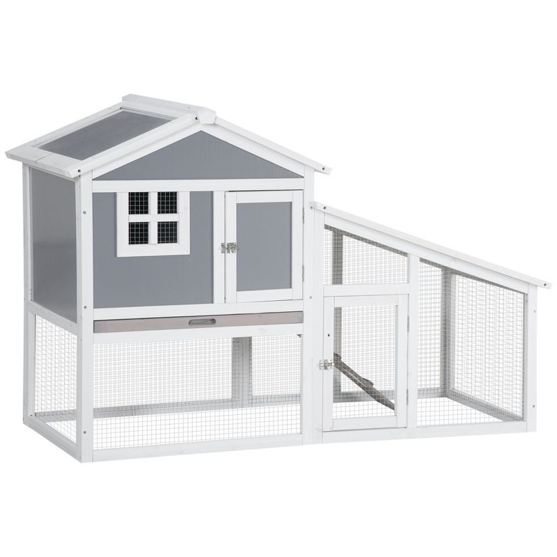 PawHut 59" Wooden Rabbit Hutch, 2 Tier Pet Playpen Bunny House Enclosure with Sunlight Panel Roof, Slide-out Tray for Rabbits and Small Animals, Gray, 4 of 8