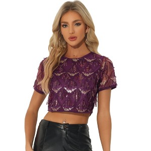 Allegra K Women's Christmas Sequin Shiny Glitter Crop Sheer Short Sleeves Tassel T-Shirt - 1 of 4