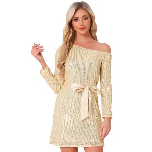 Allegra K Women's Sequin Long Sleeve One Shoulder Sparkly Glitter Party Dress with Belt - 1 of 4