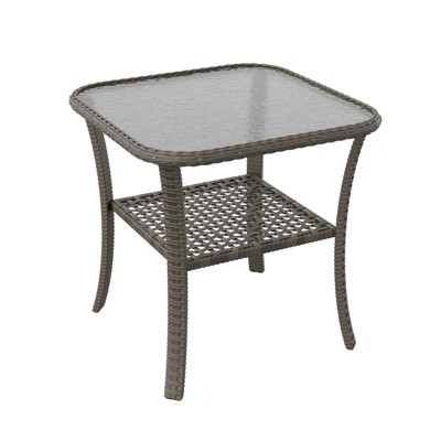 EAGLE PEAK Outdoor Wicker Side Table with Lower Storage, Rattan Coffee Table with Tempered Glass Top