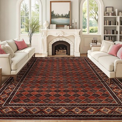 Machine Washable Area Rugs for Living Room, Non-Slip Modern Carpet with Geometric Border for Dining Room & Nursery