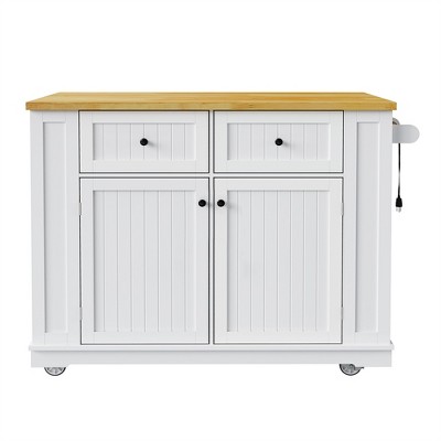 OUTSUPPLY Large Kitchen Island with Power Outlet, Drop Leaf, 5 Wheels, Internal Storage Racks, 2 Drawers & Open Shelves