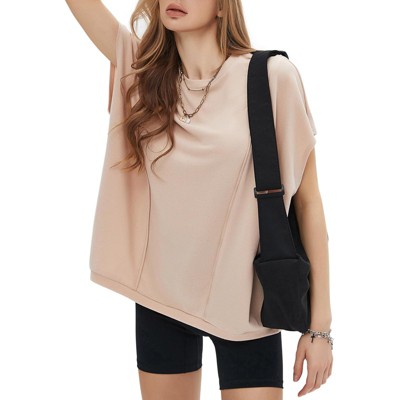EXLURA Women's Summer Exposed Seams Oversized Tops 2025 Casual Workout T Shirts Trendy Pleated Dressy Crewneck Tunic Outfits
