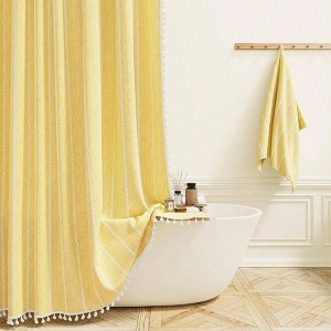 Farmhouse Shower Curtain - Linen Rustic Heavy Duty Striped Fabric, 60 Wx 72 L, Yellow, Vintage Country Cloth for Bathroom - 1 of 4