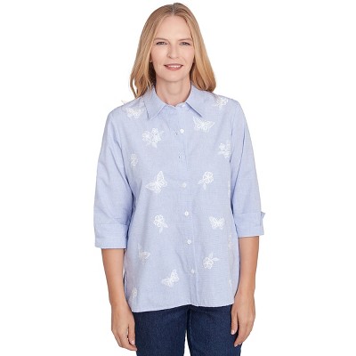 Alfred Dunner Womens Striped Woven Butterfly Button Down Top , Blue , Size M