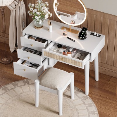 CAVINAS Vanity Desk with Mirror Elegant Dressing Table with Charging Station, Open Shelf for Apartment, Bedroom