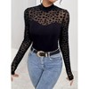Coolmee Long Sleeve Shirts for Women's Lace Tops Mesh Sheer Crew Neck Shirts Heart Print Sexy Fall Going Out Blouse - 2 of 4