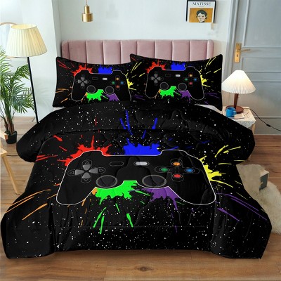 Boersma Black Video Game Comforter Set – Colorful Game Controller Bedding for Kids & Teens, 3-Piece Set, Boys Girls Room Decor