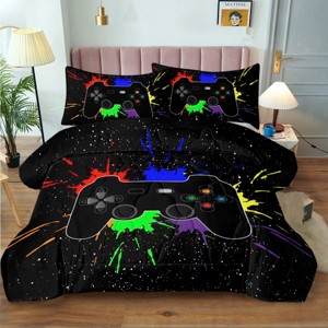 Boersma Black Video Game Comforter Set – Colorful Game Controller Bedding for Kids & Teens, 3-Piece Set, Boys Girls Room Decor - 1 of 4