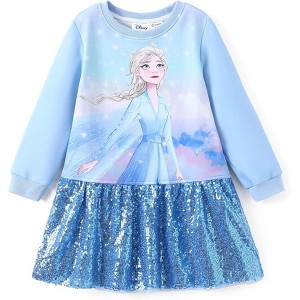 Disney Frozen Elsa Toddler Girl Sequin Dress Character Print Ruffle Sweatshirt Dress Long Sleeve Dresses - 1 of 4