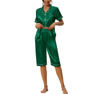 cheibear Women's Soft Satin Button Down with Capri Pants Lounge Pajama Set