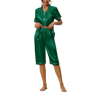 cheibear Women's Soft Satin Button Down with Capri Pants Lounge Pajama Set - 1 of 4